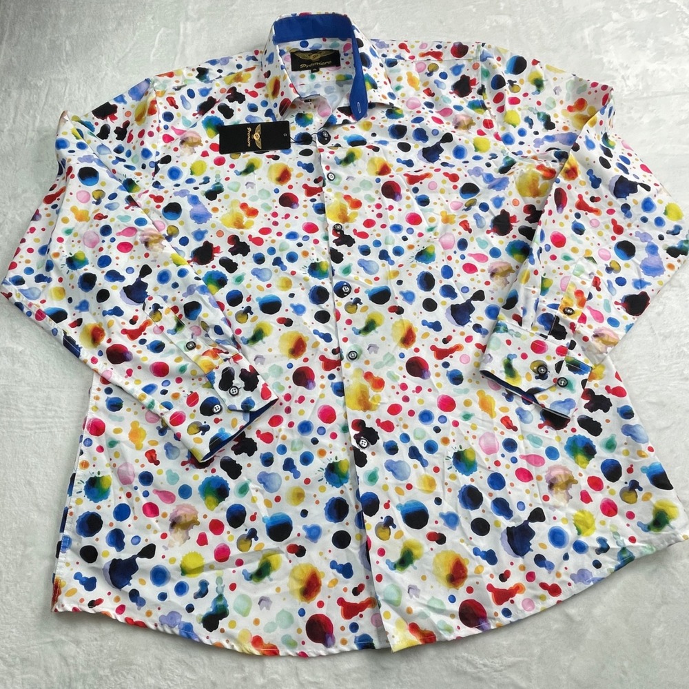 Premiere Mens XL Multi Color Paint Splatter Polka Dot Button Down Shirt NWT Art